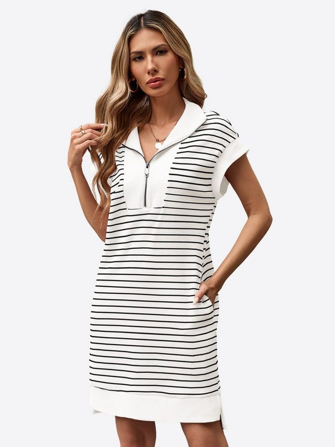 Imily Bela Strickkleid Damen gestreiftes Minikleid mit Reißverschluss (Packung, 1-tlg., 1per-Pack) Reverskragen