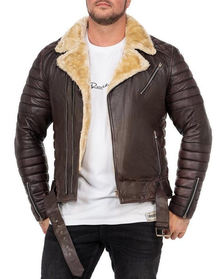 Reichstadt Lederjacke Herren Slim Fit Bikerjacke Black Zipper RS008LUX gefüttert mit Steppmustern
