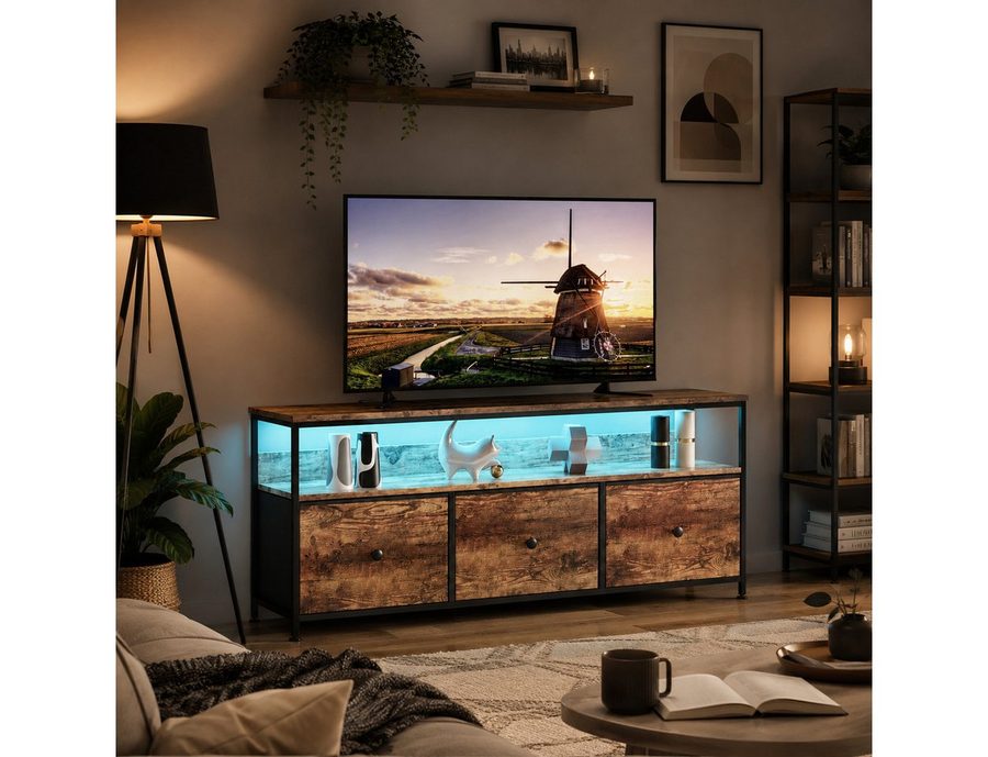 Simurq TV-Schrank Fernsehschrank mit LED-Beleuchtung (1-St., Mit Stoffschublade,Verstellbare LED) Metallrahmen, Robust,Montage einfach von Simurq