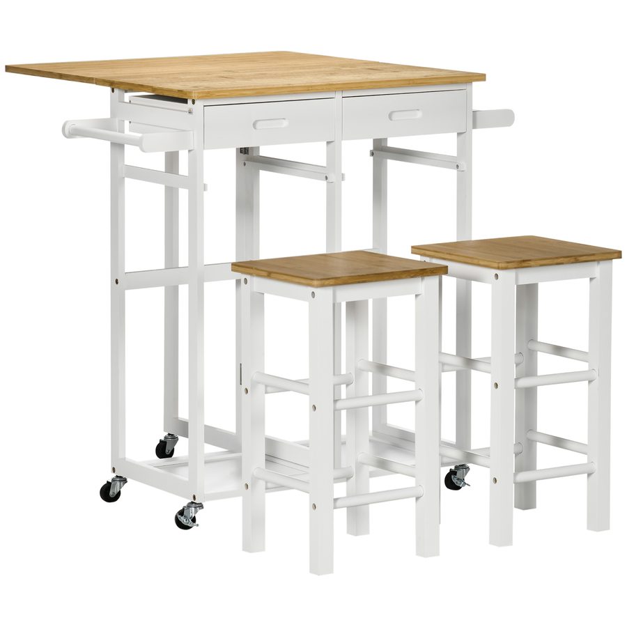 HOMCOM Ensemble Bartisch Küchenwagen klappbarer Küchentisch Rollen + 2 Hocker Weiß und helles Holz - 2 Schubladen und Geschirrtuchhalter   Aosom von HOMCOM