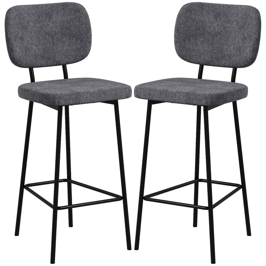 HOMCOM Set von 2 Barhockern hohe Küchenstühle mit Fußstützen und Leinen- und Stahlrückenlehne Maße 41L x 46B x 90H cm grau   Aosom