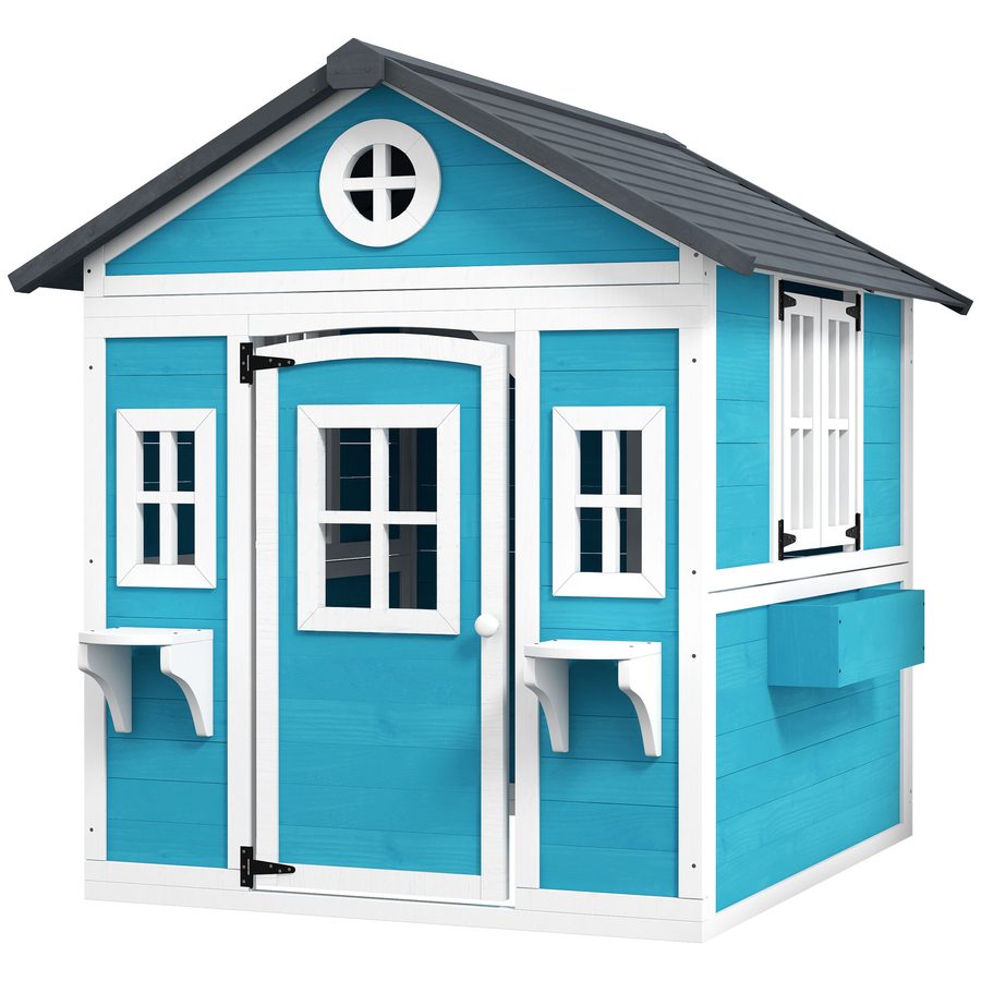 Outsunny Kinderspielhaus aus Holz Spielhaus Outdoor mit Fenster, Blumenregal, Pflanzenkasten und Tür Gartenhaus für Kinder 3-8 Jahre Blau   Aosom