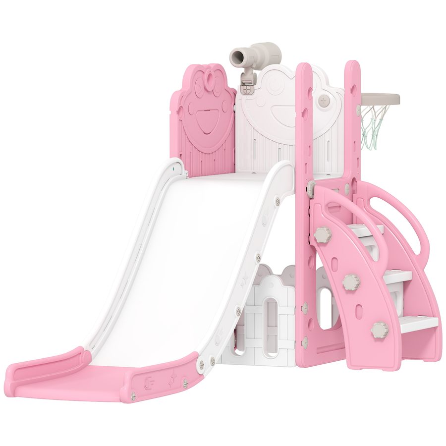 AIYAPLAY Kinderrutsche 5 in 1 Indoor und Outdoor Babyrutsche mit Basketballkorb, Klettergerüst, Spielteleskope, Stauraum, Frosch-Motiv Spielplatz für Kleinkinder 1-3 Jahre, Rosa   Aosom