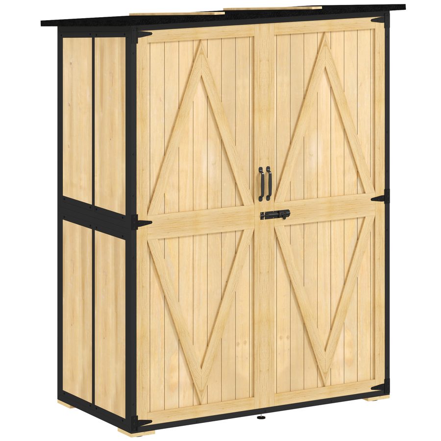Outsunny Gartenschrank, Geräteschuppen aus Holz, Wetterfest Geräteschrank mit 2 Türen, Regale, Werkzeughaus mit Asphaltdach, Werkzeugschrank für Garten, Terrasse, 140 x 74 x 173 cm, Naturholz   Aosom