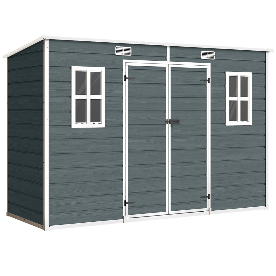 Outsunny Gerätehaus 3,2m², Geräteschuppen mit Pultdach, 303x123x197cm, Kunststoff Gartenschuppen mit Fenster Doppeltür Schloss Belüftungsöffnung Boden Holzoptik, Gartenhaus für Werkzeuge Grau   Aosom