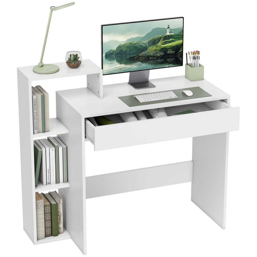 HOMCOM Platzsparender Moderner Schreibtisch mit 3 Offenen Regalen und Großer Schublade, Schreibtisch mit Bücherregal aus Holz, Computertisch für Büro, Arbeitszimmer und Schlafzimmer, 100x40x90 cm, Weiß   Aosom von HOMCOM