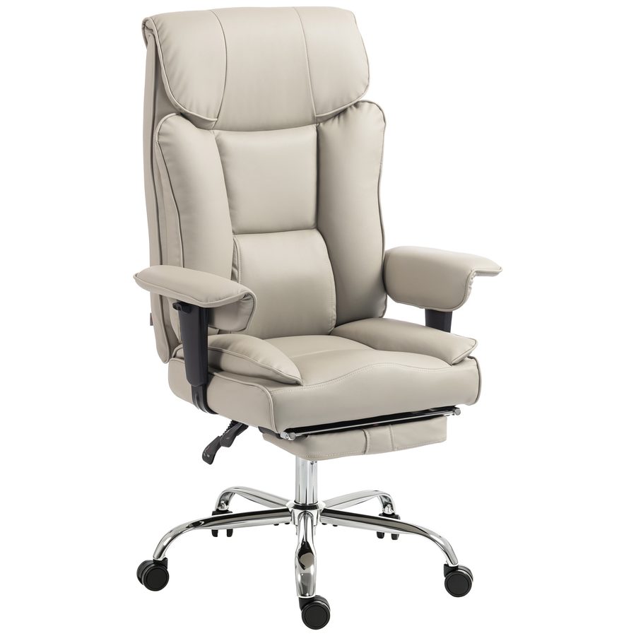 HOMCOM Ergonomischer Bürostuhl mit Fußstütze, Tragfähigkeit180kg, Breite Sitzfläche, Gepolstert, Dreh- und Neigbar in PU-Leder, Hohe Rückenlehne, Höhen- und Armlehnenverstellbar, Hellgrau   Aosom von HOMCOM