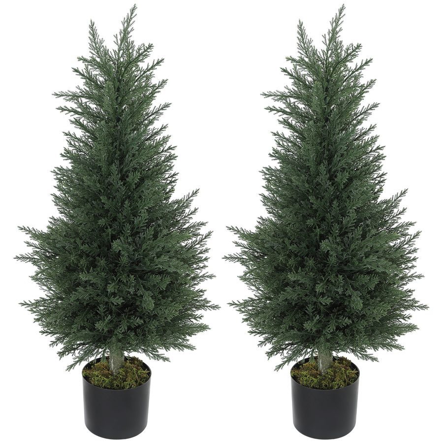 HOMCOM 2er Set Künstliche Zypresse 90cm Kunstpflanze mit Moos, UV-Schutz Plastik Künstliche Pflanzen im Topf, Kunstbaum Fake Plant wie echt für Wohnzimmer Schlafzimmer Büro Garten Dekoration Geschenk   Aosom von HOMCOM