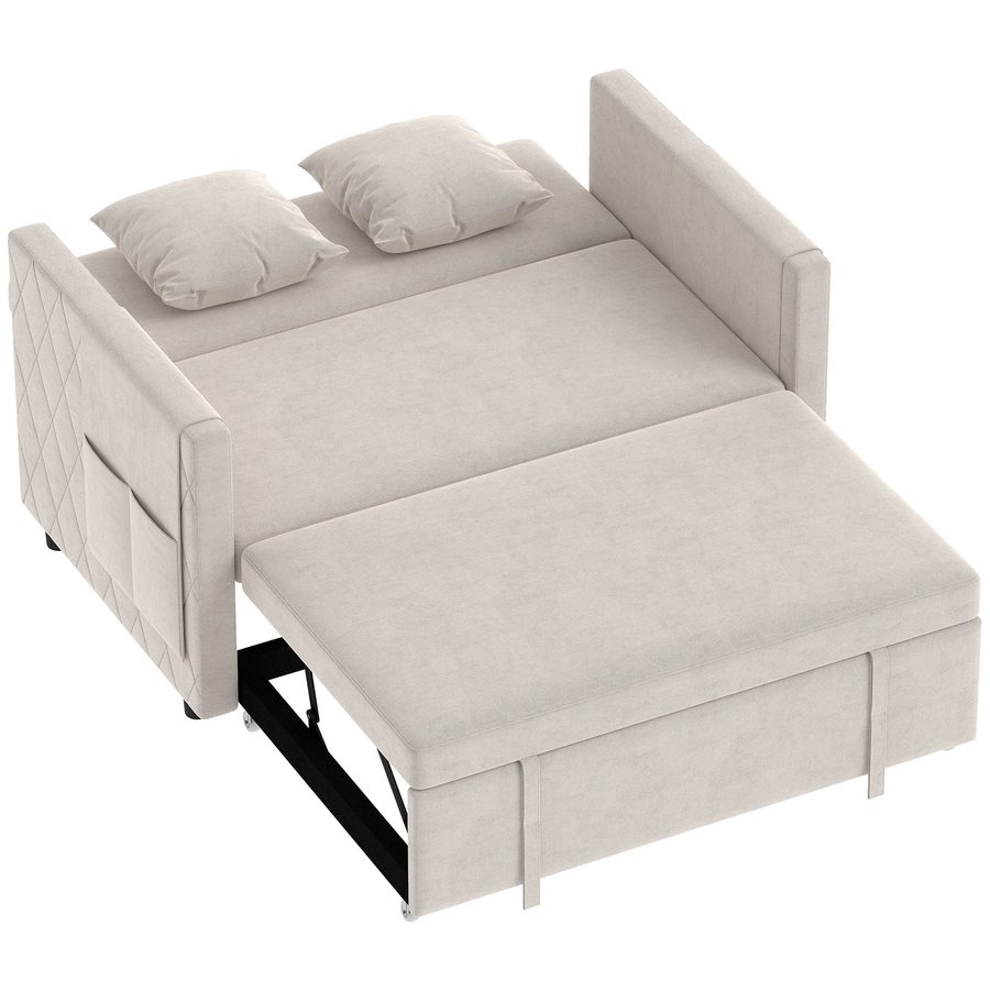 HOMCOM 3-in-1 Schlafsofa 2‑Sitzer, Clic‑Clac Schlafsofa aus hollandischem Samt 131 cm, verstellbare Rückenlehne, 2 Kissen und Seitentaschen, moderner Stil, für Wohnzimmer, Schlafzimmer, kleine Räume, Beige   Aosom von HOMCOM