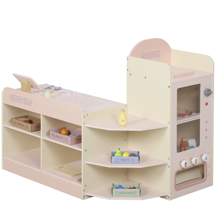 AIYAPLAY Kaufladen für Kinder Kaufladen Supermarkt mit Kasse Scanner Verkaufsautomat Regale offene Fächer Spielzubehör, Kinder Spielset Rollenspiele Geburtstag Spielzeug für Kinder ab 3 Jahren Rosa   Aosom