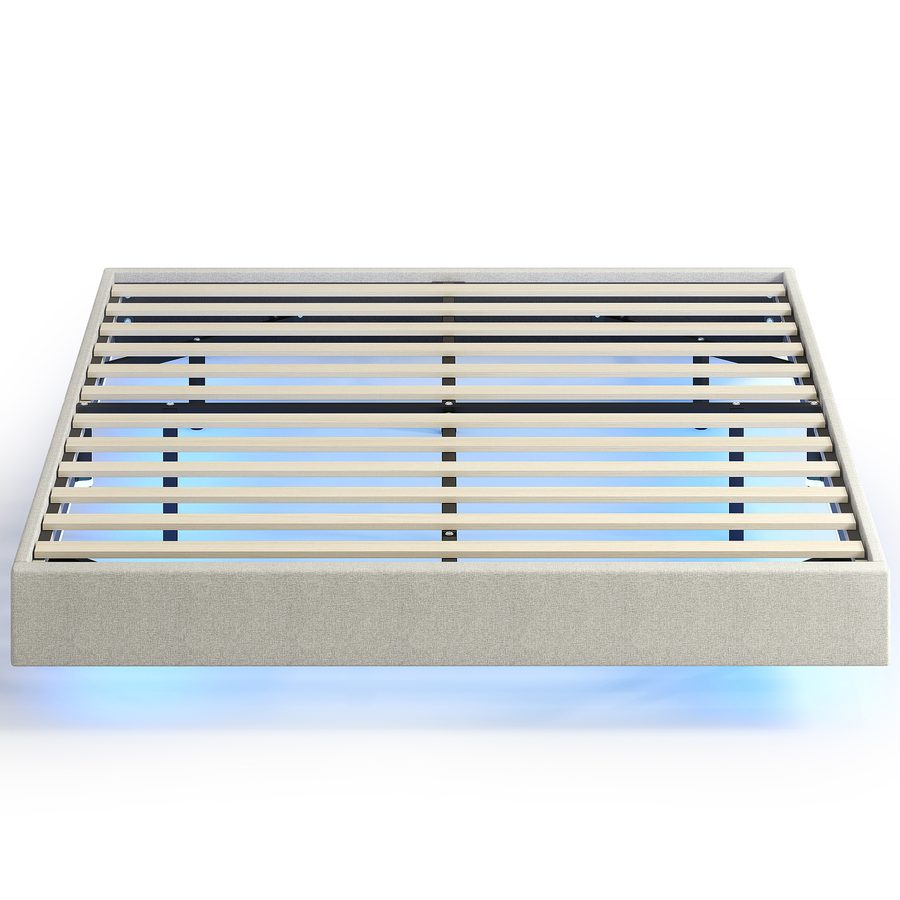 HOMCOM Schwebebett 160 x 200 cm mit intelligenter LED-Beleuchtung, gepolsterter Doppelbett-Rahmen in Leinenoptik, Holz-Lattenrost, Stauraum darunter, geräuscharm, einfache Montage, Beige   Aosom von HOMCOM