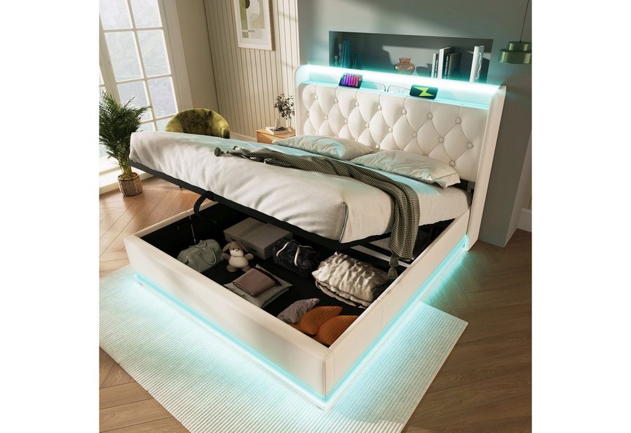 Flieks Polsterbett, LED Hydraulisches Stauraumbett Doppelbett 180x200cm mit Ladefunktion von Flieks