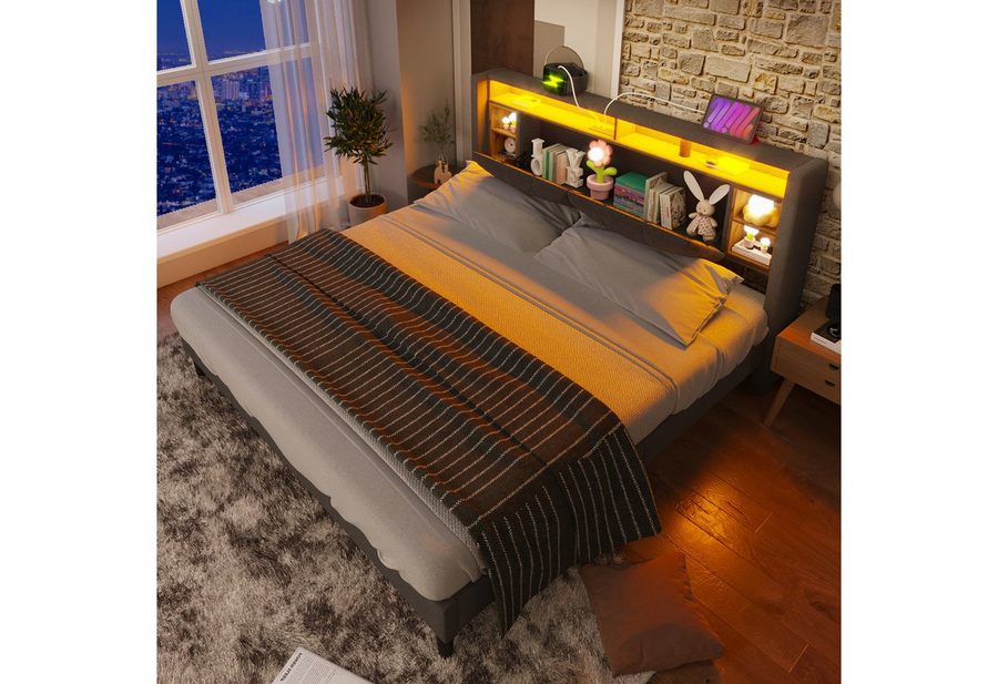 Flieks Polsterbett, LED-Beleuchtung Doppelbett mit Steckdose 160x200cm Leinen von Flieks