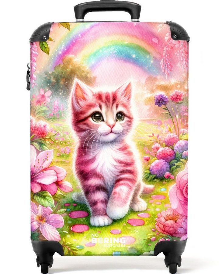 NoBoringSuitcases.com© Kinderkoffer Kätzchen mit Regenbogen und Blumen 55x35x20cm, Handgepäck-Koffer, Kinderkoffer, Reisekoffer Mädchen