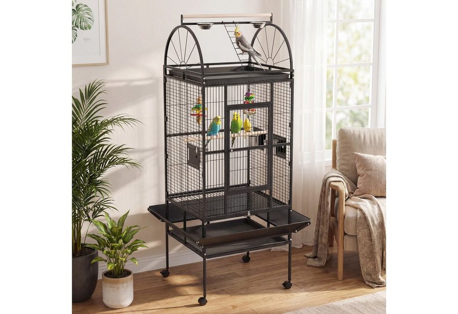 Hausright Vogelkäfig 176cm Großer Vogelkäfig mit Rollen, 5 Futternäpfen & 2 Sitzstangen, 2cm Gitterabstand,Kletterbereich mit Leiter,Bodenschalen, Bremsrollen