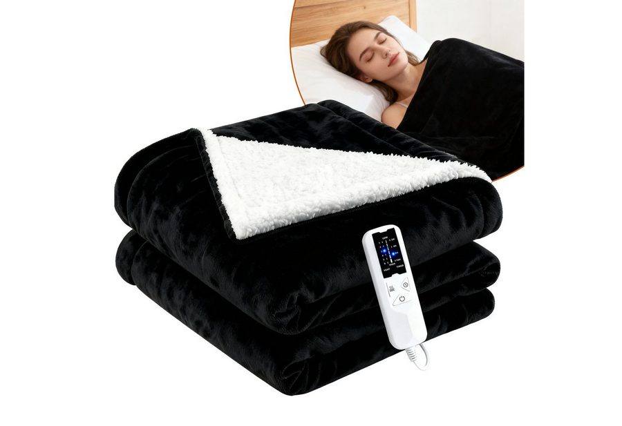 Nettlife Heizdecke Elektrisch Schwarz/Grau Überhitzungsschutz Waschbar Wärmedecke, für das Bett das Sofa und beim Camping( 200x180 cm/180x130cm) , 6-Stufen Heizung & Zeitschaltuhr Einfache Reinigung (30°C)
