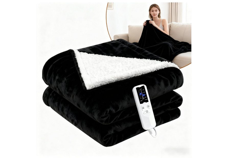 Nettlife Heizdecke Elektrisch Schwarz/Grau Überhitzungsschutz Waschbar Wärmedecke, für das Bett das Sofa und beim Camping( 200x180 cm/180x130cm) , 6-Stufen Heizung & Zeitschaltuhr Einfache Reinigung (30°C)