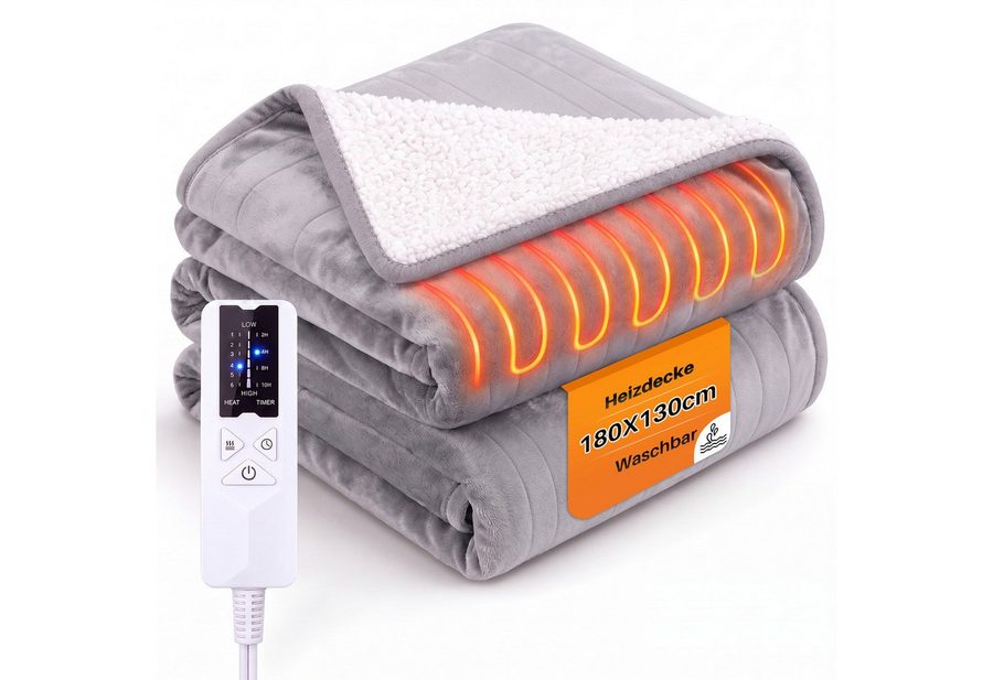 Nettlife Heizdecke Elektrisch Schwarz/Grau Überhitzungsschutz Waschbar Wärmedecke, für das Bett das Sofa und beim Camping( 200x180 cm/180x130cm) , 6-Stufen Heizung & Zeitschaltuhr Einfache Reinigung (30°C)
