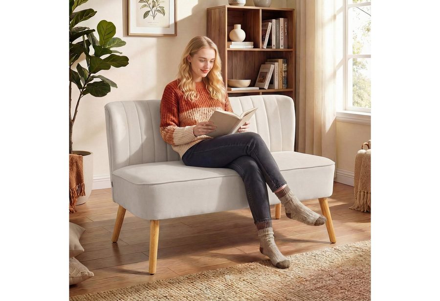 HOMCOM 2-Sitzer Sofa, Kleine Loveseat mit Samt-Optik, für Schlafzimmer, Doppelsofa 1 Teile, für Wohnzimmer, Schlafzimmer, 117 x 56,5 x 77 cm, Cremeweiß