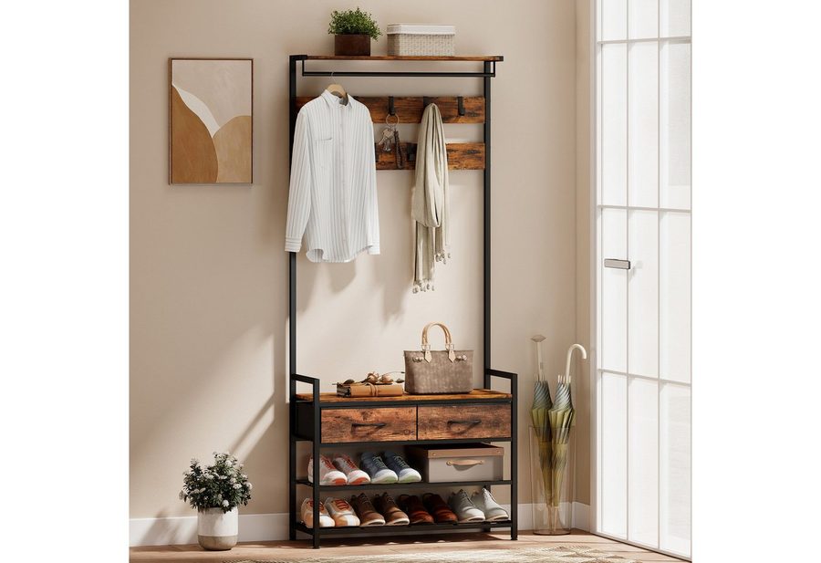 HOMCOM Garderobenständer Kleiderständer, Schuhbank, Kleiderstange, Stoff-Schublade, (Set, 1 St., 1), 5-in-1 Flurgarderobe mit Bank & Schuhregal
