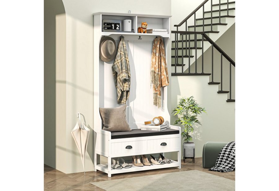 HOMCOM Garderobenständer Schuhbank und Ablagen, Jackenständer mit Schublade, (Kleidungsständer, 1 St., Garderobe), für Eingangsbereich, Flur, Schlafzimmer, Weiß+Grau