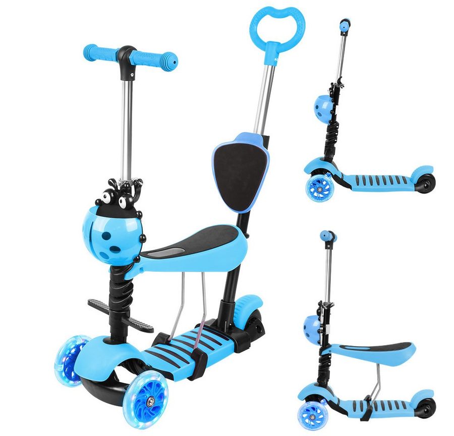 JEOBEST Scooter 3-in-1 Kinderroller mit Rückenlehne & Abnehmbarem Sitz, Höhenverstellbarer 3-Rad-Tretroller ab 2 Jahre