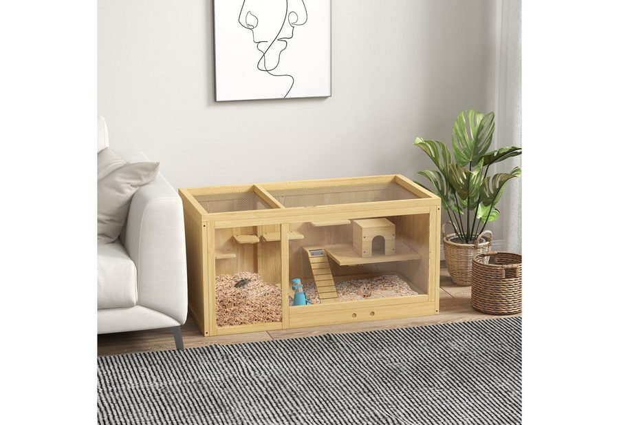 PawHut Kleintierkäfig Hamsterkäfig, Nagerkäfig mit Deckel, Futternapf & Zubehör, mit Schaukeln, Leitern, zu öffnendes Dach, Hütte, Natur