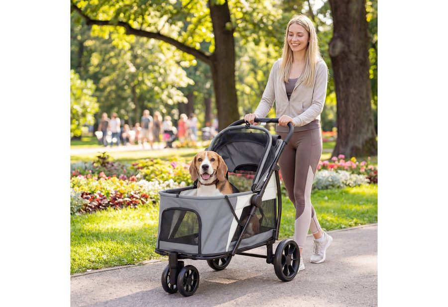 PawHut Hundebuggy Katzenwagen mit waschbarem Kissen, Netzfenstern, Haustierbuggy, (Hundewagen, 1-tlg), für mittelgroße Hunde bis 20kg, Grau von PawHut