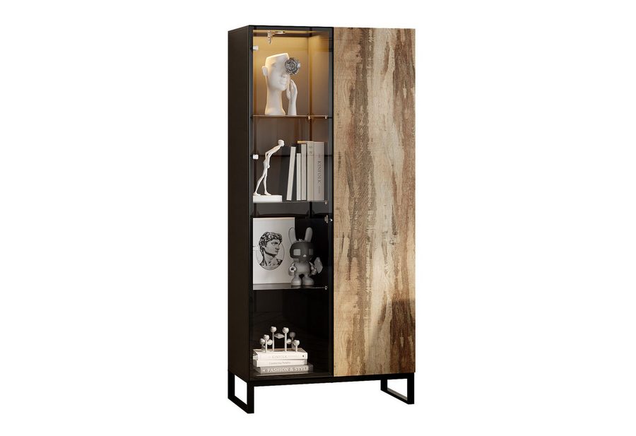 FUFU&GAGA Glasvitrine Vitrine mit Rundstrahler, Schwarz & Holzoptik, MDF+Glas, 80×41×175 cm von FUFU&GAGA