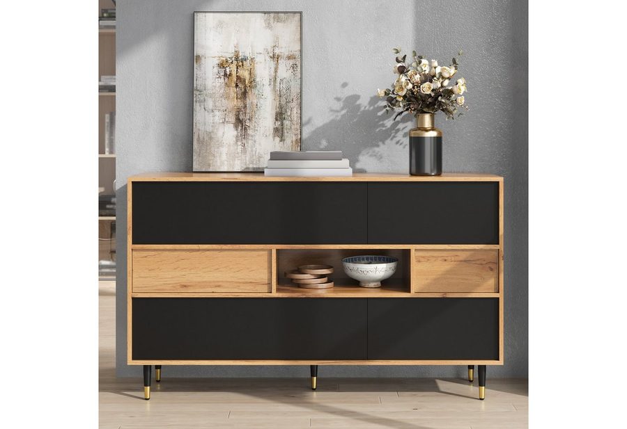 Merax Sideboard Anrichte Wohnzimmerschrank Flurschrank in Holz und Schwarz (140 x 40 x 84,5 cm, 1 St), Kommode mit 2 Schubladen, offenem Mittelfach und Klapp- & Seitentüren von Merax