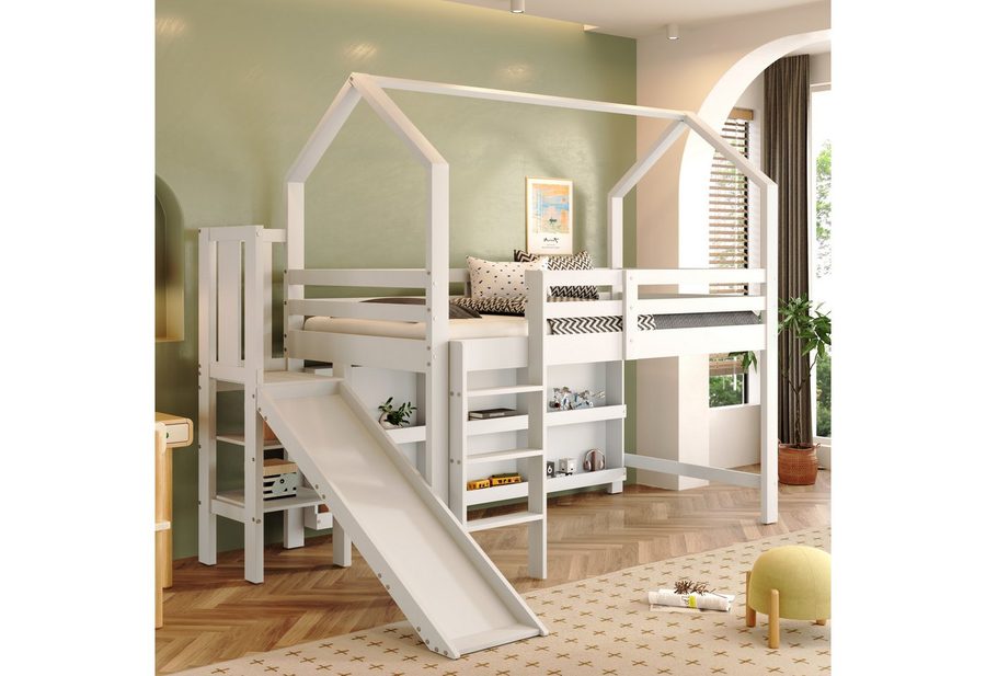Flieks Hochbett Kinderbett 90x200cm mit Rutsche, Leiter und beweglichem Schrank von Flieks
