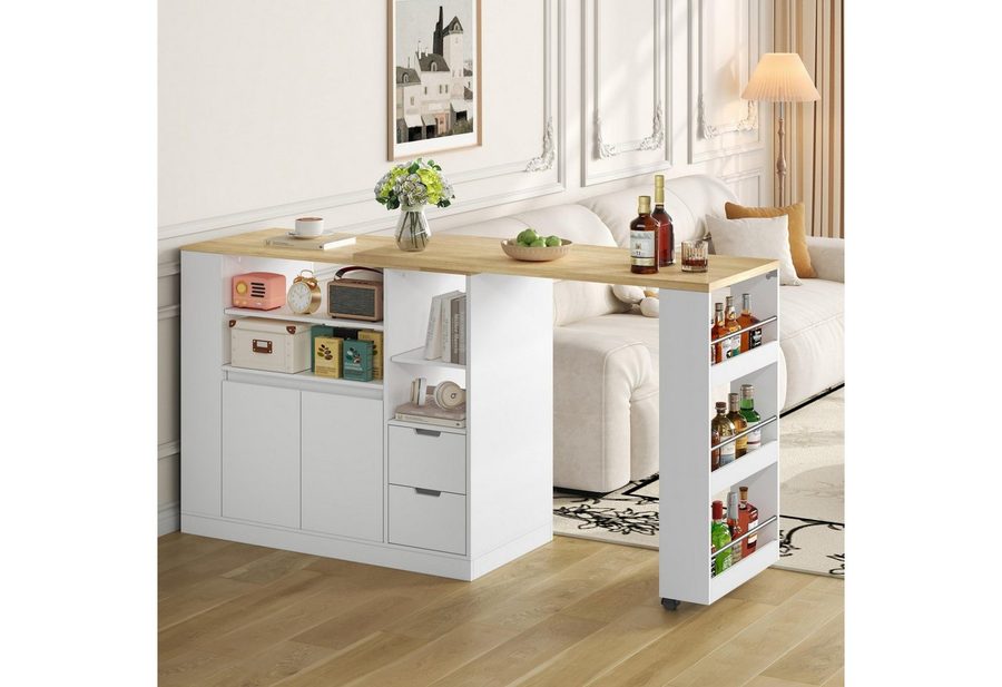 Flieks Bartisch 360° drehbar Stehtisch mit Mehrzweckschrank (Set, 2-St., mit 2 Schubladen, Türen und offene Regalen), schwenkbar Esstisch inkl. Kommode mit Stauraum Weiß von Flieks