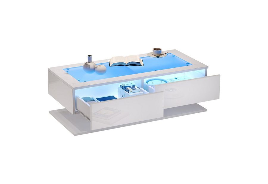 Merax Couchtisch hochglanz Sofatisch Beistelltisch mit LED-Beleuchtung inkl.App (1-St), Wohnzimmertisch mit 2 Schubladen und gehärtete Glasplatte, 100x50x35cm von Merax