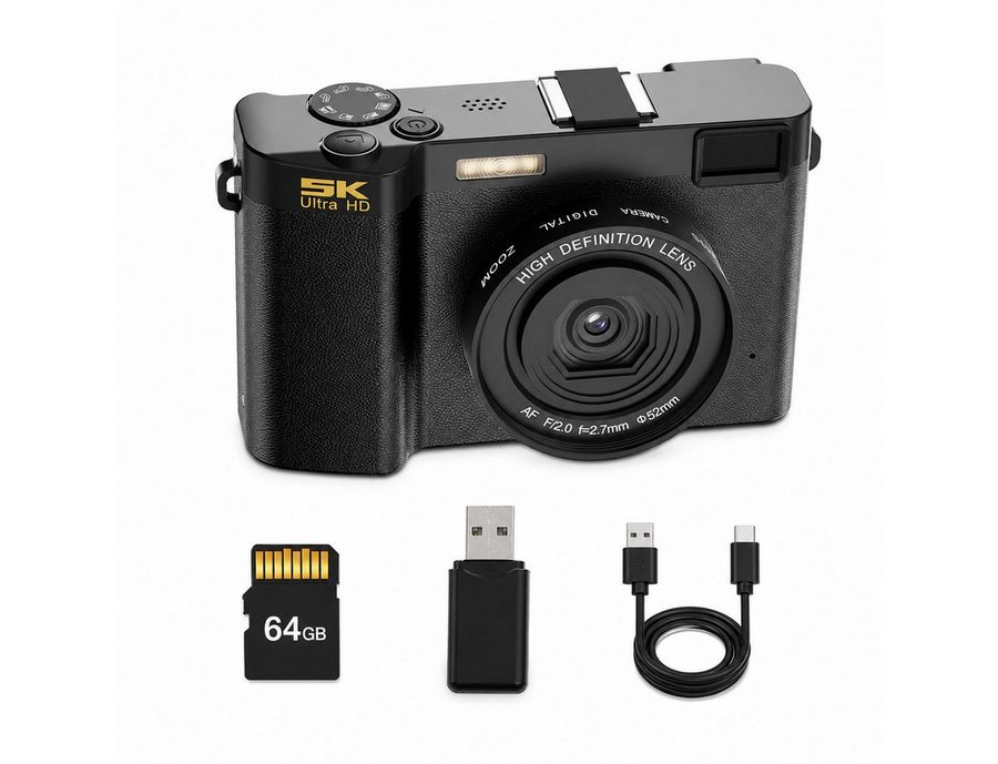 Lisabonde Digitalkamera 5K 64MP, Vlogging Kamera, inkl. 64GB Micro-SD, Schwarz Kompaktkamera (Hinteres Hauptobjektiv, Vorderes Selfie-Objektiv, 64 MP, 1x opt. Zoom, WLAN (WiFi), inkl. Inklusive 64GB Micro-SD-Karte, USB-C Kabel und Kartenleser, WiFi-Konnektivität mit App-Steuerung)