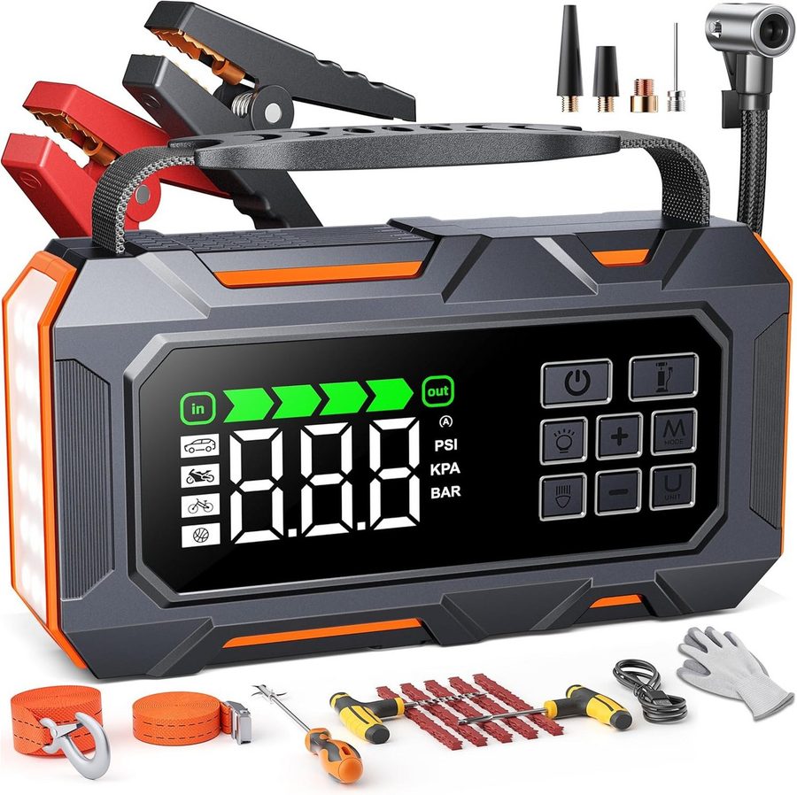 Buture 14-In-1 7000A Starthilfe Powerbank fürs Auto 26800mAh Starthilfegerät, 5 LED-Licht, Reifenreparaturset, Notfallhammer