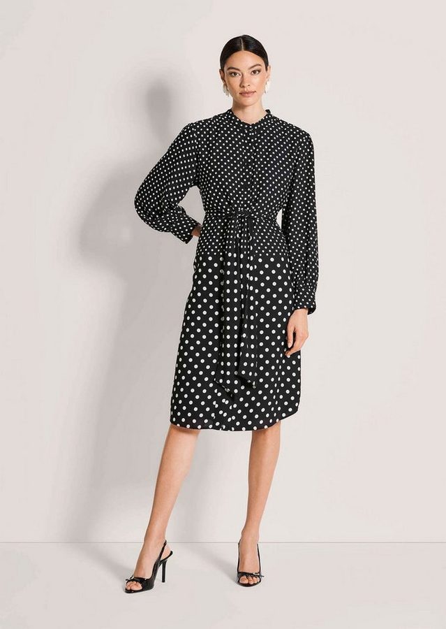 MADELEINE Midikleid Tupfenkleid mit Wickeloptik Sommerkleid mit Rundhals, Knopfleiste, Bindeband, Taschen und Langarm