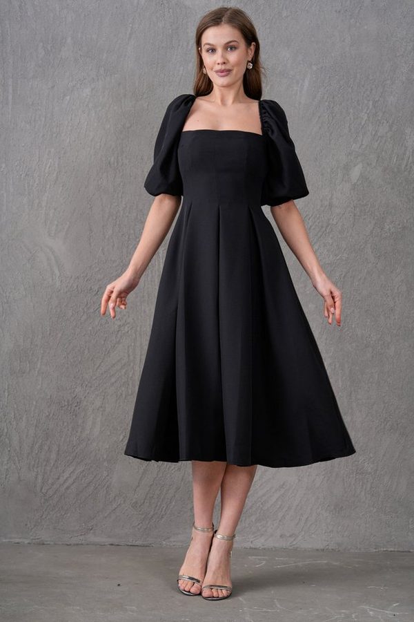 WOMAN VISION Abendkleid Trägerloses, kurzärmeliges, ausgestelltes Midikleid mit Ausschnitt