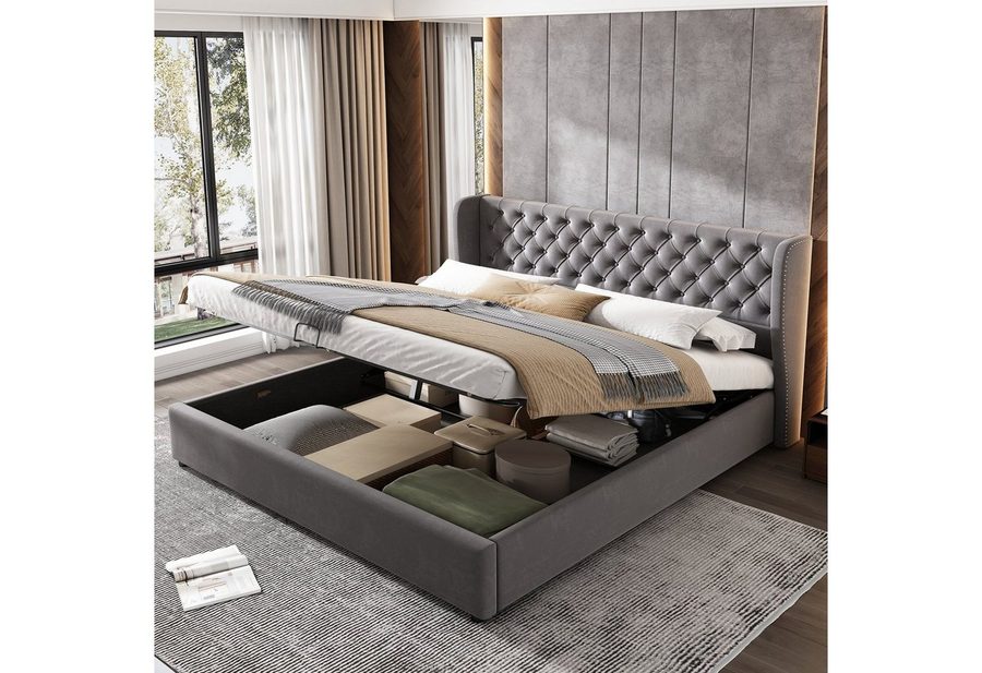Flieks Polsterbett, Staumraumbett Doppelbett Kiefernholz Flanell 160*200cm von Flieks