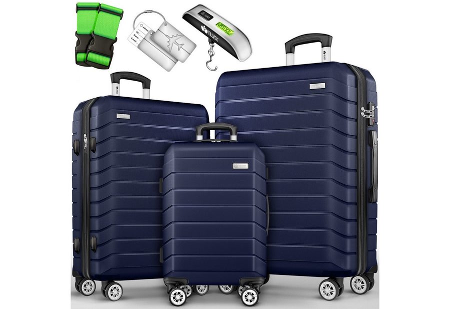 tillvex Trolleyset tillvex® Reisekoffer Set Koffer Hartschale Trolley Kofferset Tasche, (TSA Schloss Rollkoffer S-M-L-XL, 3 tlg., 4 Rollen Trolley Gepäck Koffer), Reisekoffer Set 3-TLG. + Gepäckwaage, 6X Gurte & 3X Anhänger Kofferset