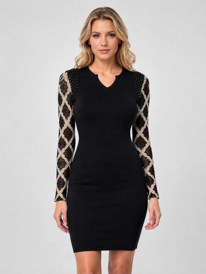 Passioni Strickkleid mit rundem V-Ausschnitt, Spitzenärmeln und Perlendetail von Passioni