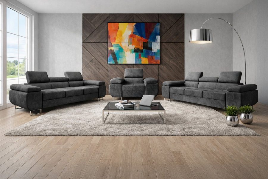 M-Punkt24 Polstergarnitur Sofa Wohnlandschaft DUBAI, (3-3-1, mit Bettfunktion, XL Sofa-Set, Bigsofa, Samt, Anthrazit, Grau), Bestehend aus 3-Sitzer mit Bettfunktion, Sessel von M-Punkt24