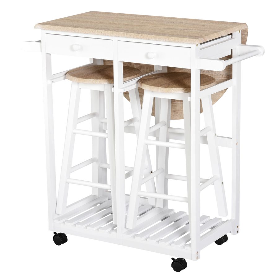 HOMCOM Bartisch-Set Klappbar auf Rollen mit Regal und 2 Schubladen + 2 Hocker Kiefernholz MDF Weiß Eiche Hell   Aosom von HOMCOM