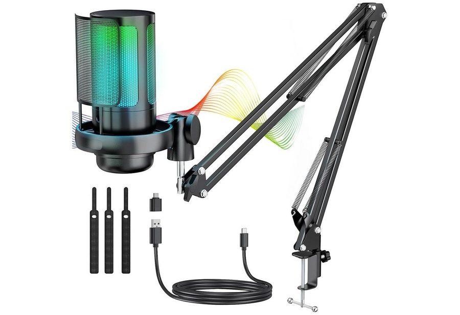 AKKEE Mikrofon Gaming RGB, Streaming, mit Arm USB Microphone mit Kopfhöreranschluss, Stummschalttaste, Popfilter, Für Streaming Podcast Studio