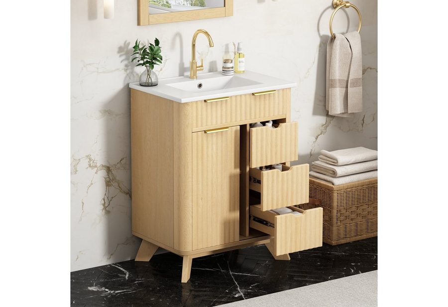 Merax Waschtisch mit Waschbecken, Freistehend Badschrank in Wellenoptik Holzoptik (Unterschrank ohne Armatur, 1-St., 61 × 47 × 90 cm), Badzimmerschrank mit 3 Schubladen, Schiebetür & Einlegeboden von Merax