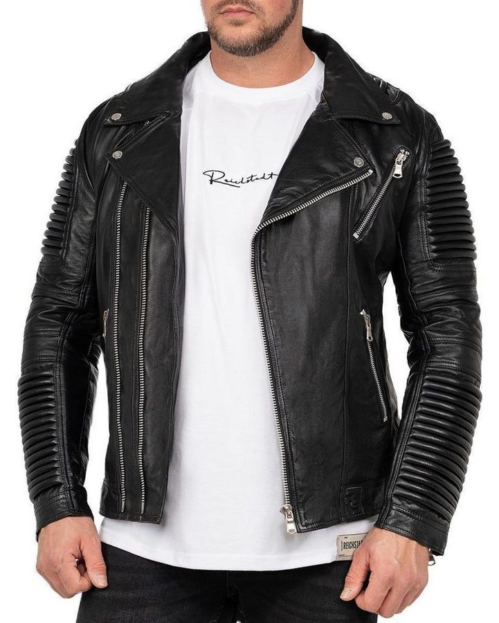 Reichstadt Bikerjacke Herren Slim Fit Lederjacke Silver Zipper RS006LUX mit Rippenmuster und Ziernähten