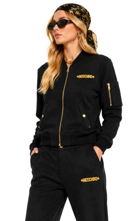 Moschino Bomberjacke Couture! Sweat Blouson Sweatjacke Gold Metal Logo Dreidimensionales Moschino Metalllogo auf der Brust