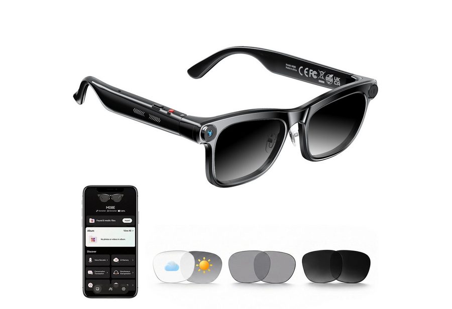 KAIGEER LED-Brille AI Smart Glasses mit 13MP Kamera, Echtzeitübersetzung, Sprachassistent (Videobrillen, 1-St., ideal für Alltag & Reisen) IPX4, Open Ear Audio, Wechselgläser,KI Smart Glasses für Männer Frauen