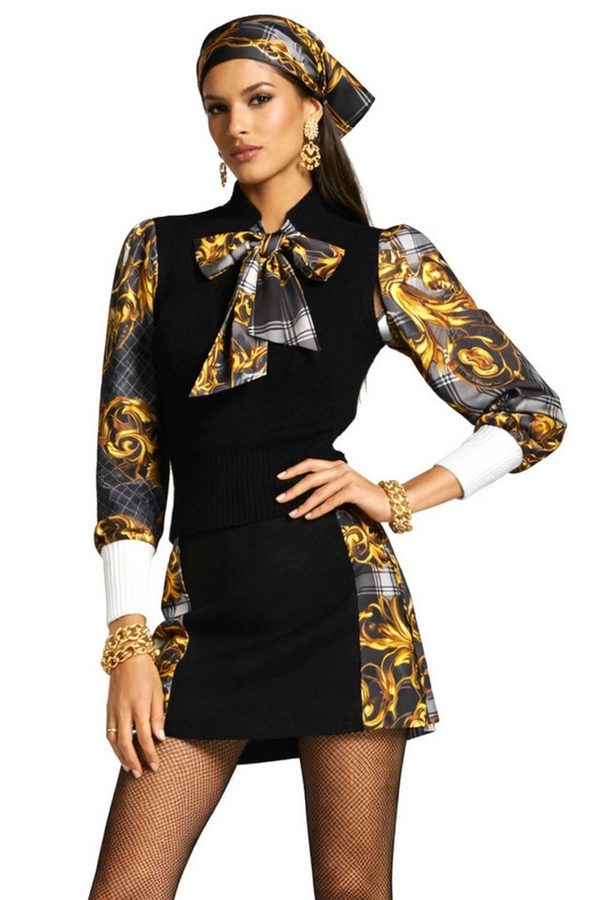 Versace Jeans Couture Strickpullover Damen Pullover mit Schal-Detail Barock & Tartan Design luxuriöse Eleganz mit modernem Fashion-Statement
