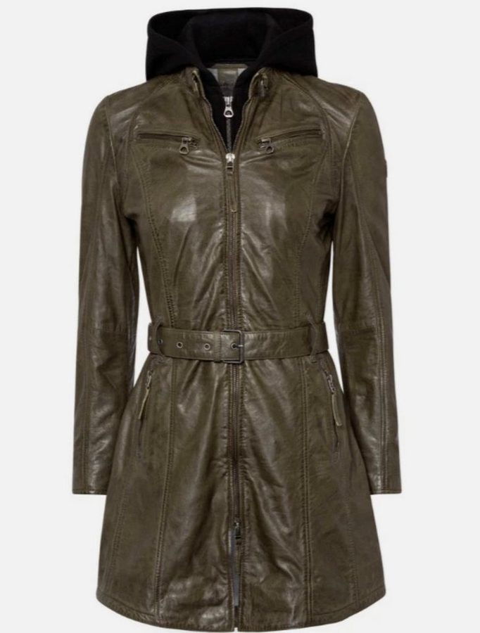 Keskin Collection Lederjacke Lederjacke Ledermantel Olive mit Kapuze abnehmbar und mit Gürtel Kapuze abnehmbar