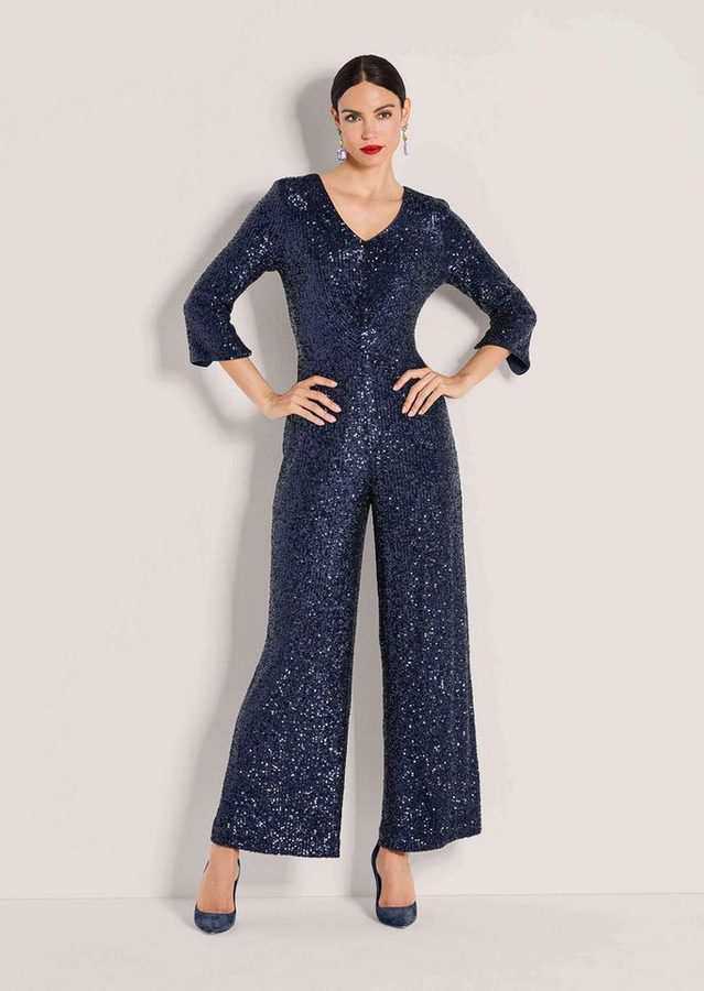 MADELEINE Jumpsuit Eleganter Pailletten-Einteiler Glanzoverall mit V-Ausschnitt, weiten Culotte-Beinen und 3/4-Arm